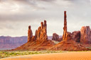 Monument Valley's Totem Poles at dawn taken on a cloudy morning add drama to the scene